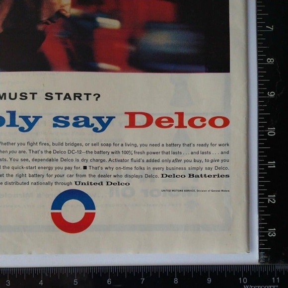 1961 Fireman racing to Firetruck "Must Start? Simply Say Delco" Vtg PRINT AD - Picture 8 of 11